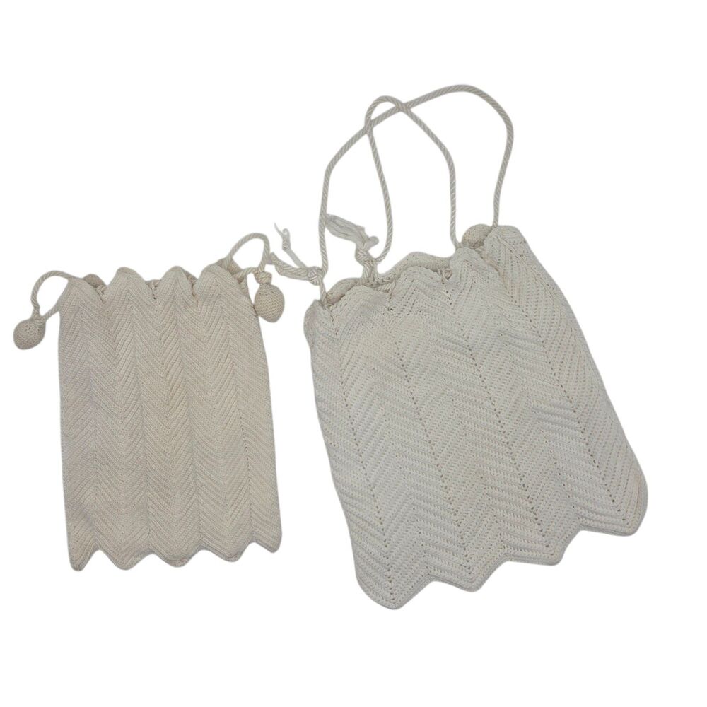 2 Ivory White Crochet Knit Drawstring Purse Coin Bags Antique Victorian Cottage